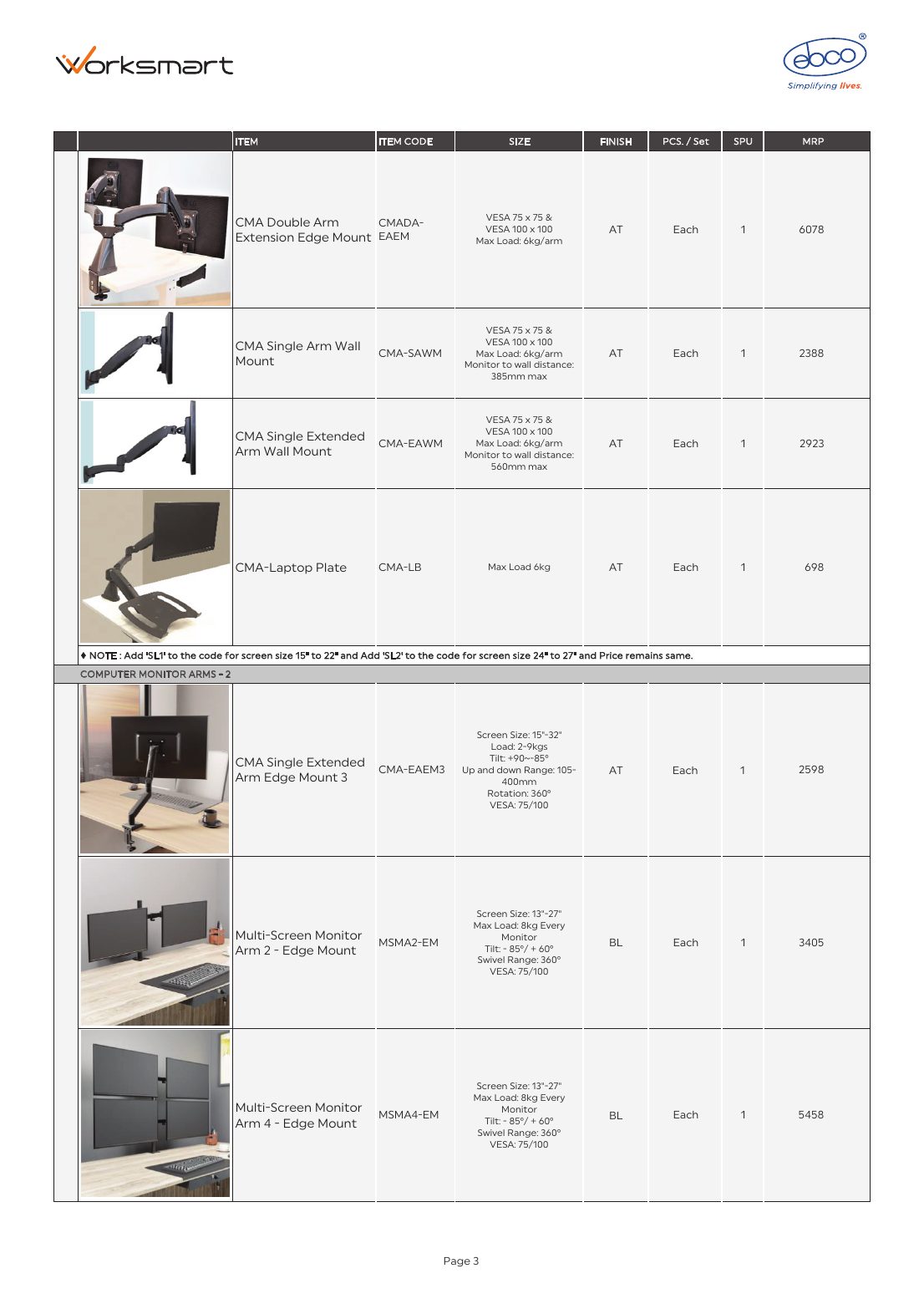 Ebco Worksmart Single Extended Arm Edge Mount 3