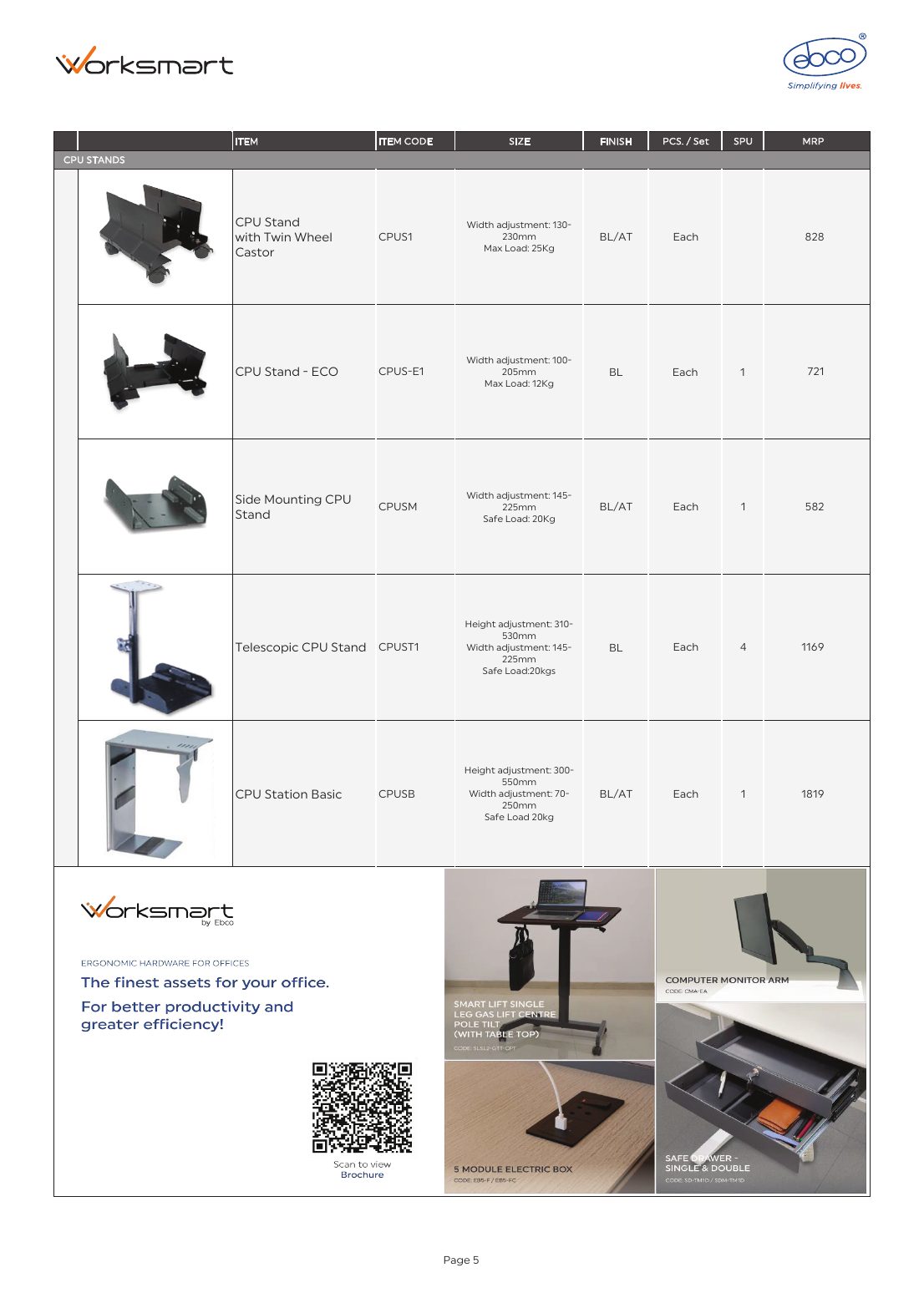 Ebco Worksmart Telescopic CPU Stand